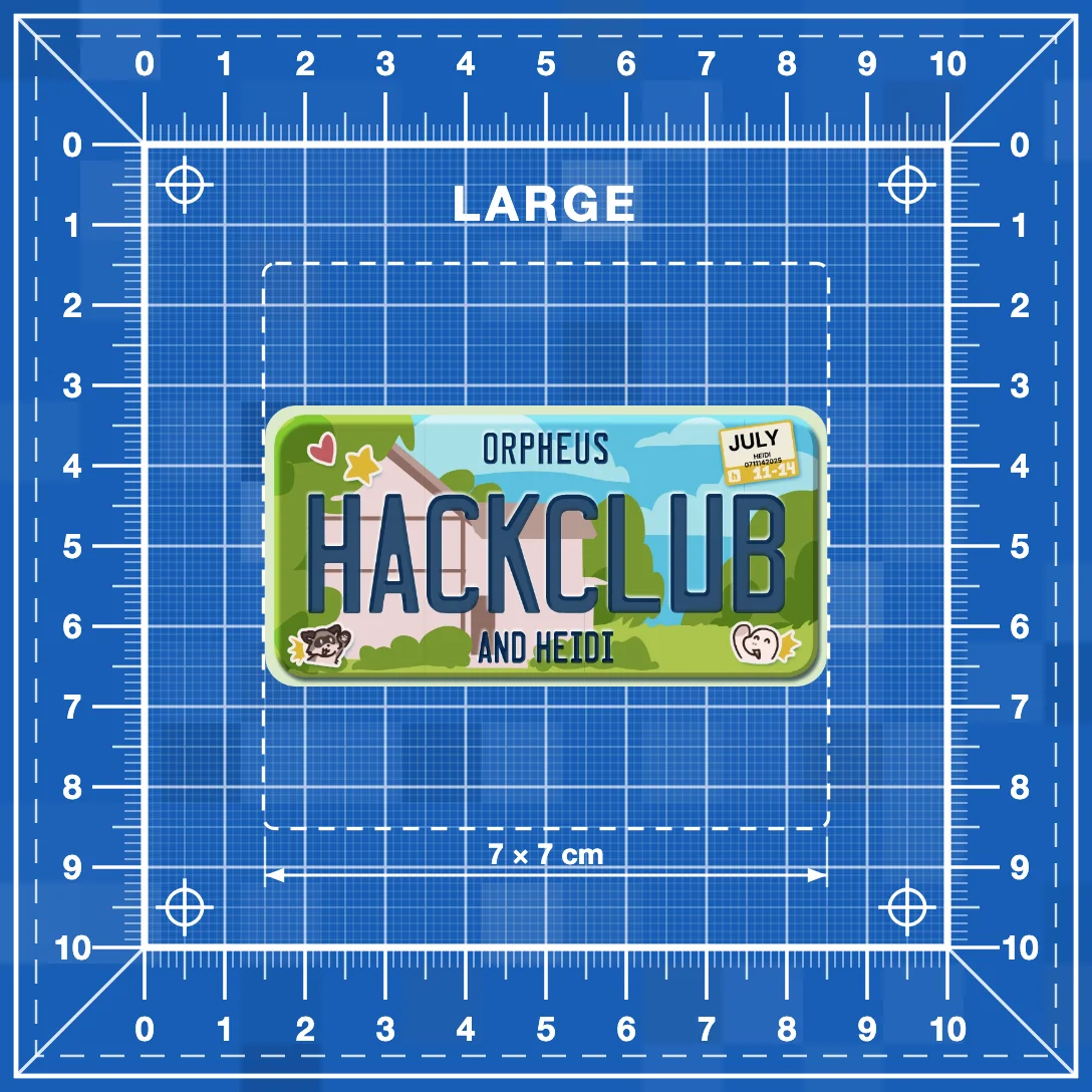 Large tier: a 7 by 7 cm sticker shown to scale on a 10 cm grid.