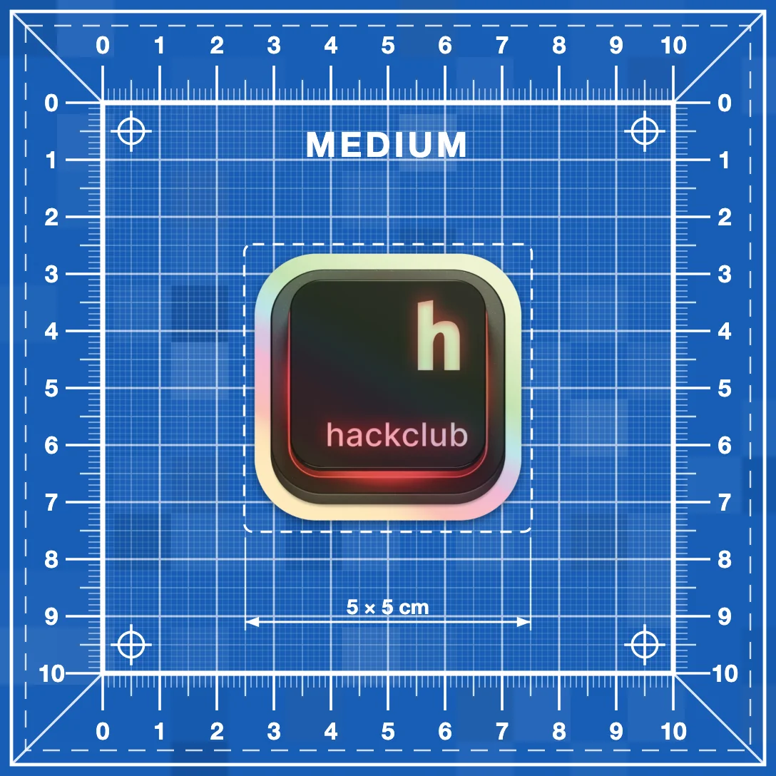 Medium tier: a 5 by 5 cm sticker shown to scale on a 10 cm grid.