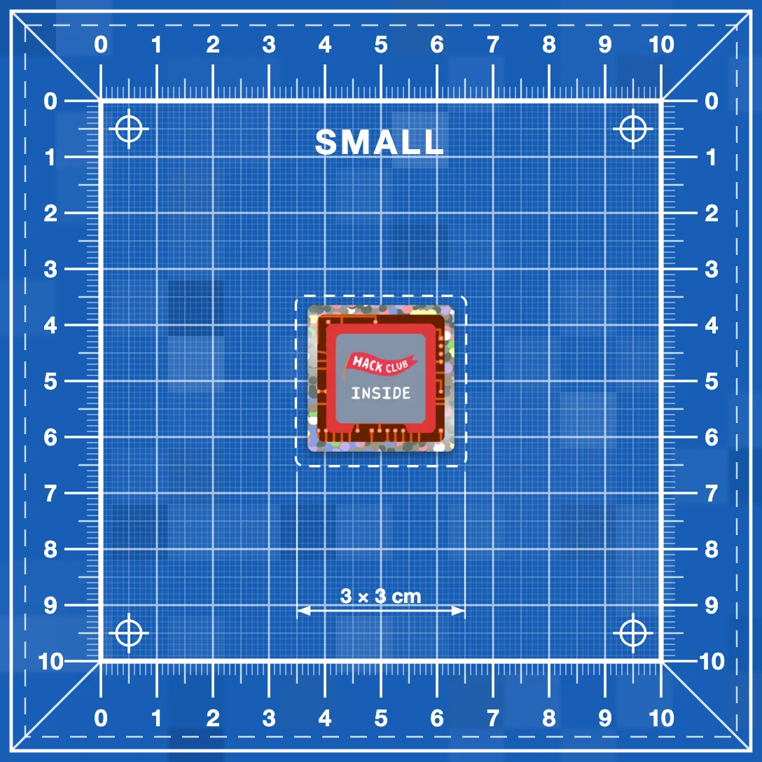 Small tier: a 3 by 3 cm sticker shown to scale on a 10 cm grid.